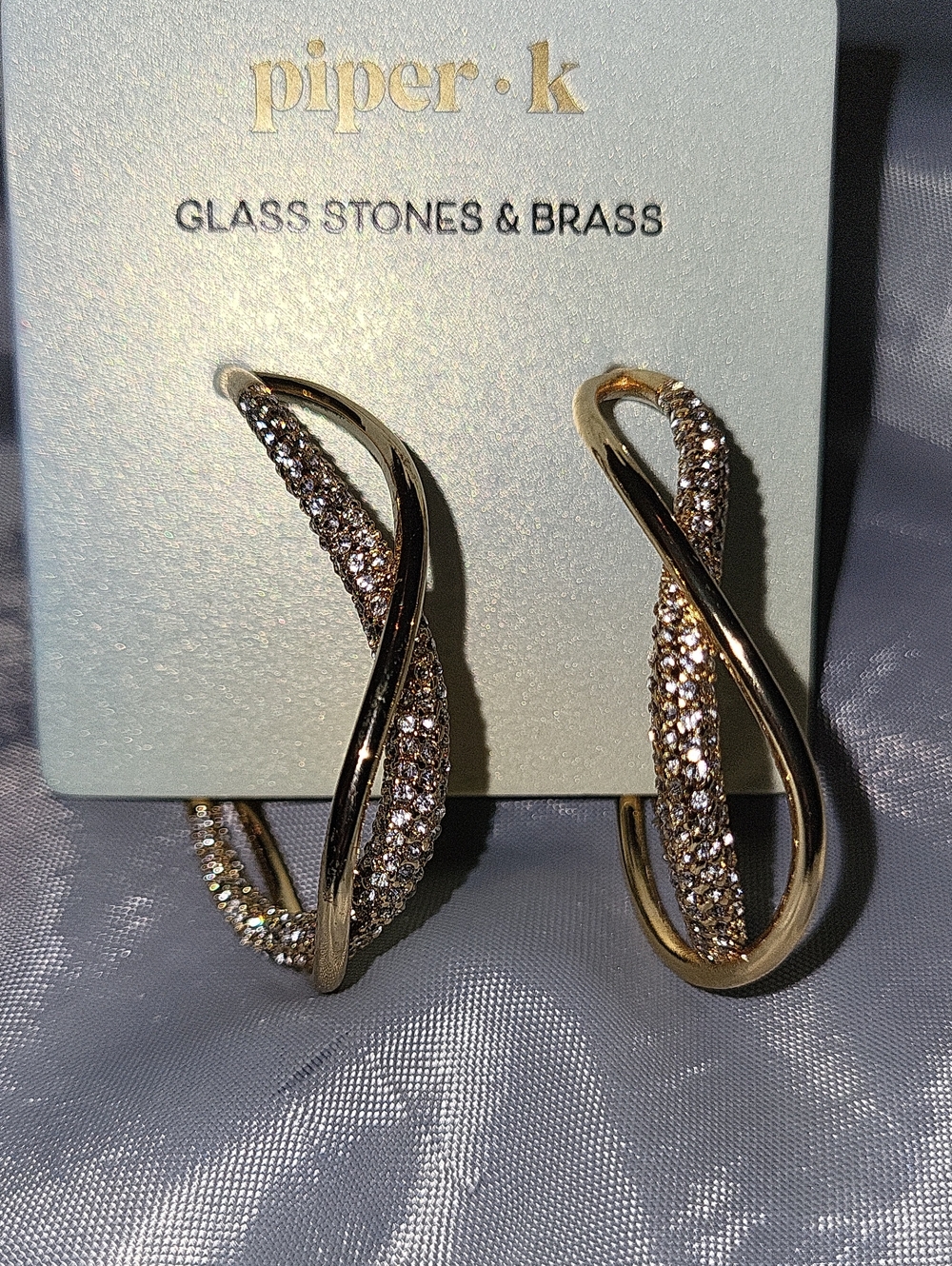 Piper K Gold Twisted Hoop Earrings Clear Glass Stones Ti